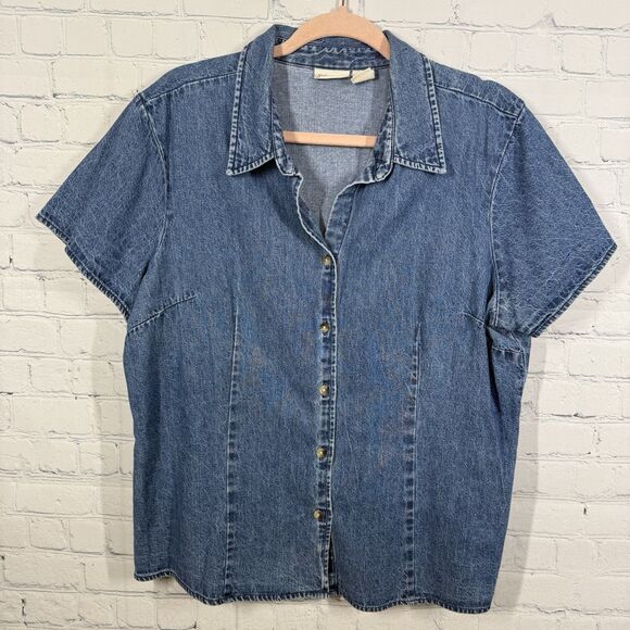 St. John's Bay Tops - Vintage Y2K St John Bays Blouse Denim Women XL Blue Jean Button Chambray Cotton